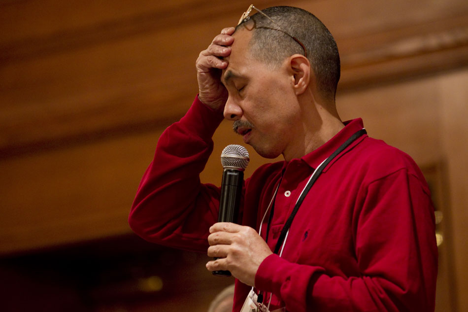 Robert Moy, the 2009 AARP National Spelling Bee champion, struggles to spell a word during this year's bee on Saturday, June 18, 2011, at the Little America in Cheyenne. Moy finished sixth this year after failing to spell sialagogue correctly. The word refers to "an agent that promotes the flow of saliva," according to the Merriam-Webster dictionary.