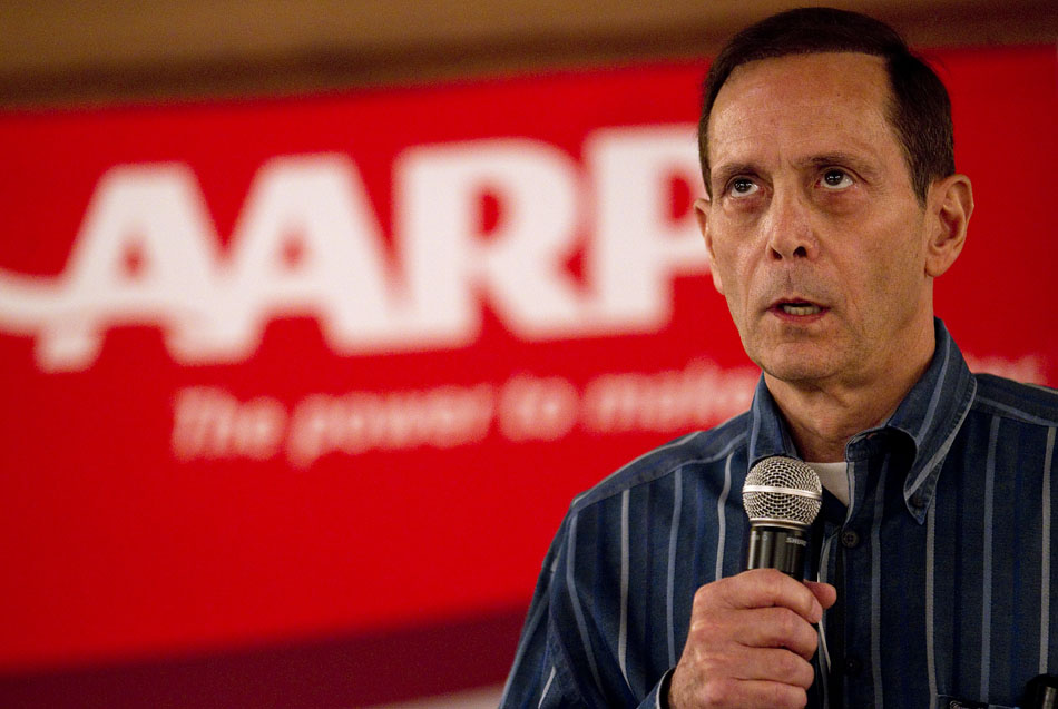 Mike Petrina struggles to spell a word during the AARP National Spelling Bee on Saturday, June 18, 2011, at the Little America in Cheyenne. Petrina finished second.