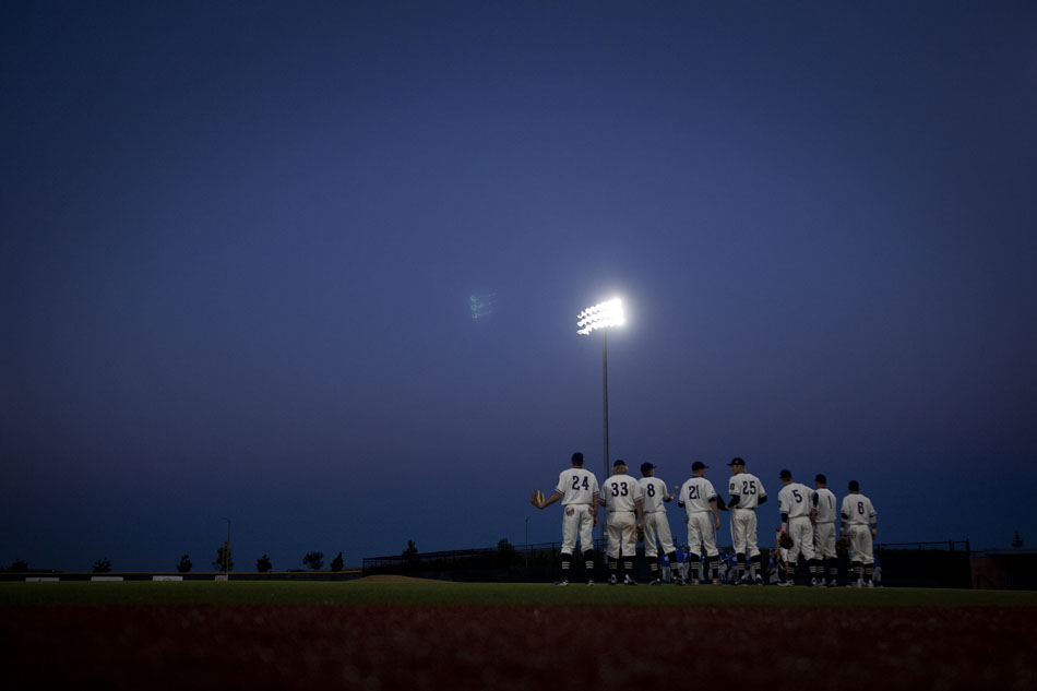 Members of the Cheyenne Post 6 legion league team, including Brandon Nimmo (24) line up on the third base line before a game on Tuesday, June 21, 2011, at Powers Field in Cheyenne, Wyo. (James Brosher / Special to New York Post)