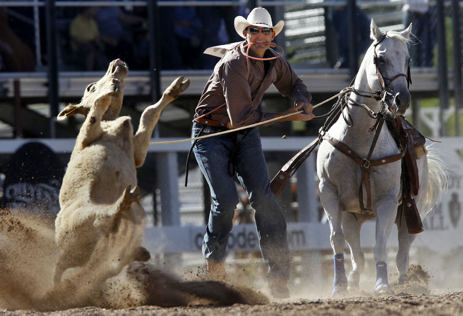 Joseph Parsons from Marana, Ariz. yanks a calf onto its back as he prepares to tie up its legs during the first go of slack tie-down roping on Wednesday, July 20, 2011, at Frontier Park.