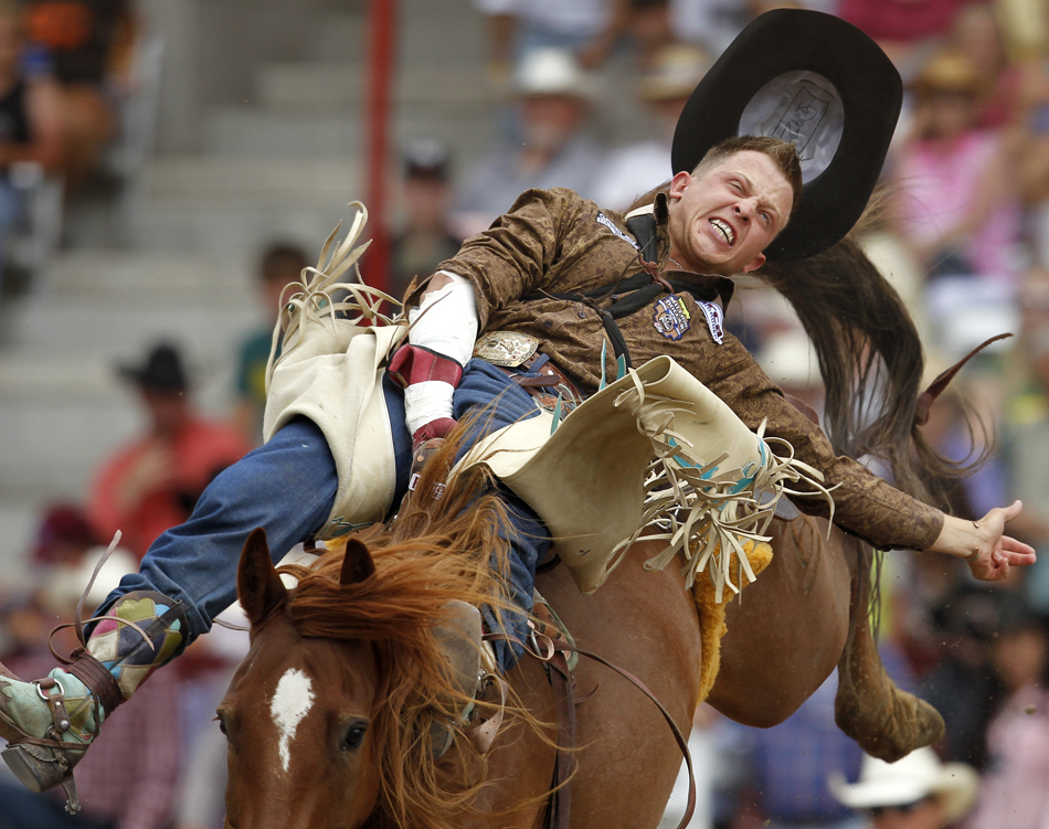 Tyler Scales from Severence, Colo. rides a horse named Phillip Scott bareback during the Cheyenne Frontier Days rodeo on Tuesday, July 26, 2011, at Frontier Park. Scales registered no time on the ride.