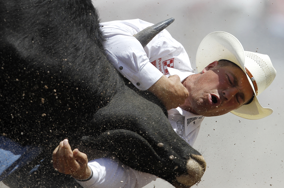 Todd Suhn from Hermosa, S.D. wrestles a steer to the ground during the Cheyenne Frontier Days rodeo on Saturday, July 30, 2011, at Frontier Park. He logged a time of 9.7 seconds.