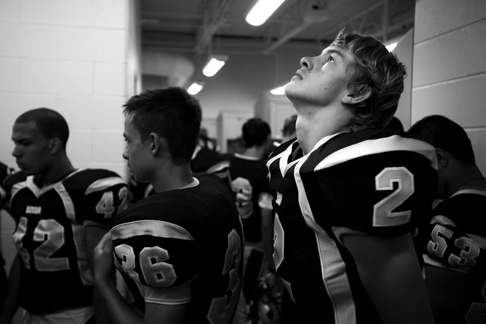 Cheyenne South's Zach Kinsolving (2) takes a moment to himself in the locker room before a Class 4A football game on Friday, Sept. 2, 2011, at Cheyenne South High School. Central won 63-0.