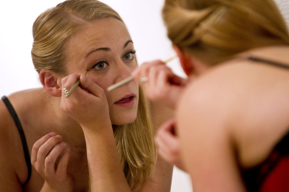 Meagan Kelley, who portrays the character Roxy Van Sass, does her makeup before a dress rehearsal of "Boudoir of Horrors," a production by the Laramie Burlesque Troupe, on Thursday, Sept. 29, 2011, at the Laramie Plains Civic Center.