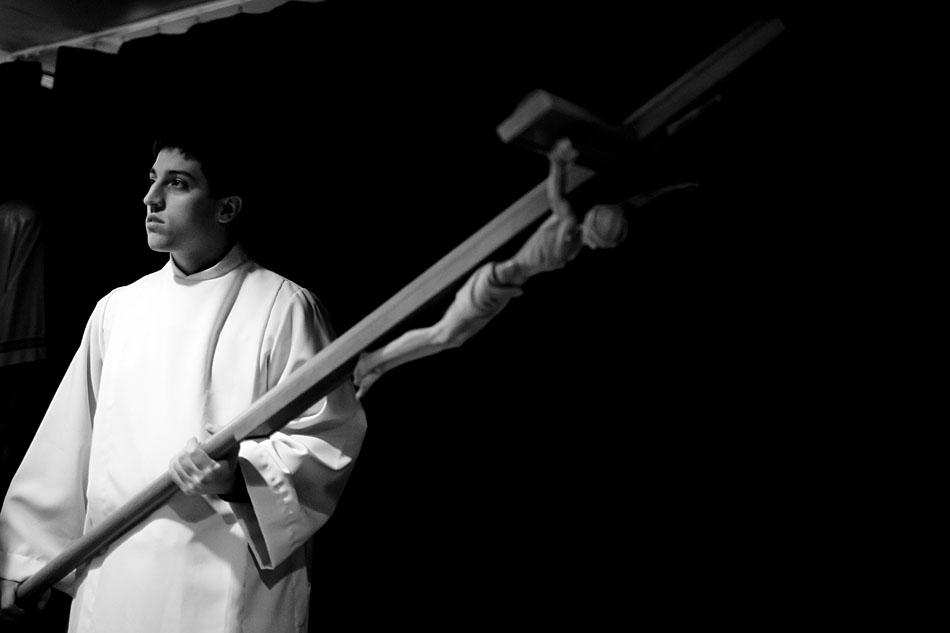 An altar server waits in the tunnel before the All Schools Mass on Monday, Feb. 27, 2012, in the Purcell Pavilion at the University of Notre Dame. (James Brosher/South Bend Tribune)