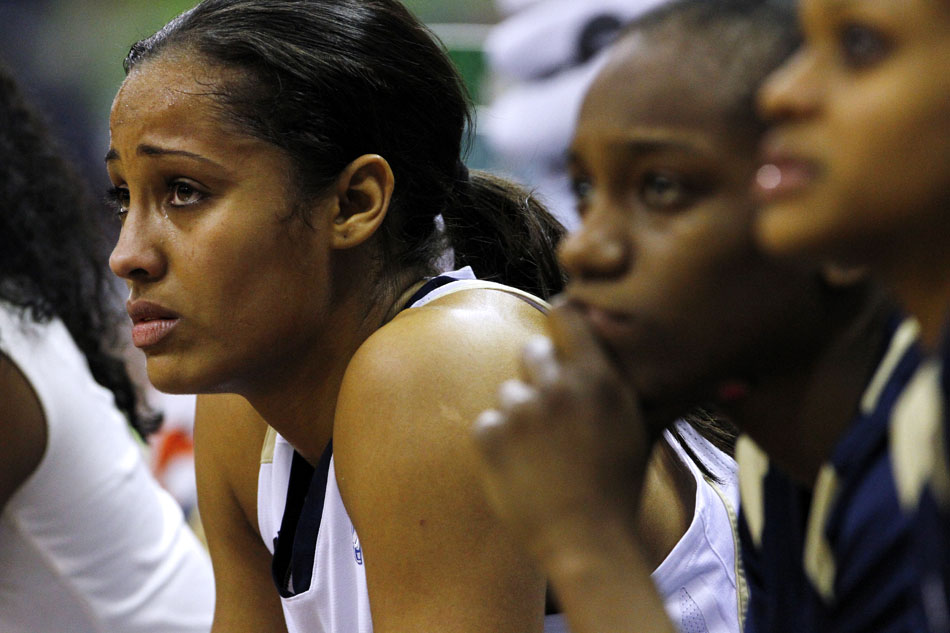 Notre Dame guard Skylar Diggins watches the action from the bench during the second half of a game against Providence on Tuesday, Feb. 14, 2012, at Notre Dame. (James Brosher/South Bend Tribune)