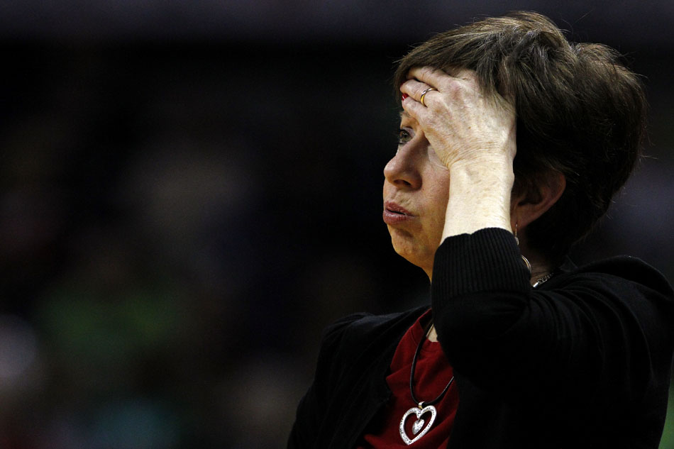 Notre Dame head coach Muffet McGraw reacts to her team's play during a women's NCAA college basketball game on Tuesday, Feb. 14, 2012, at Notre Dame. (James Brosher/South Bend Tribune)