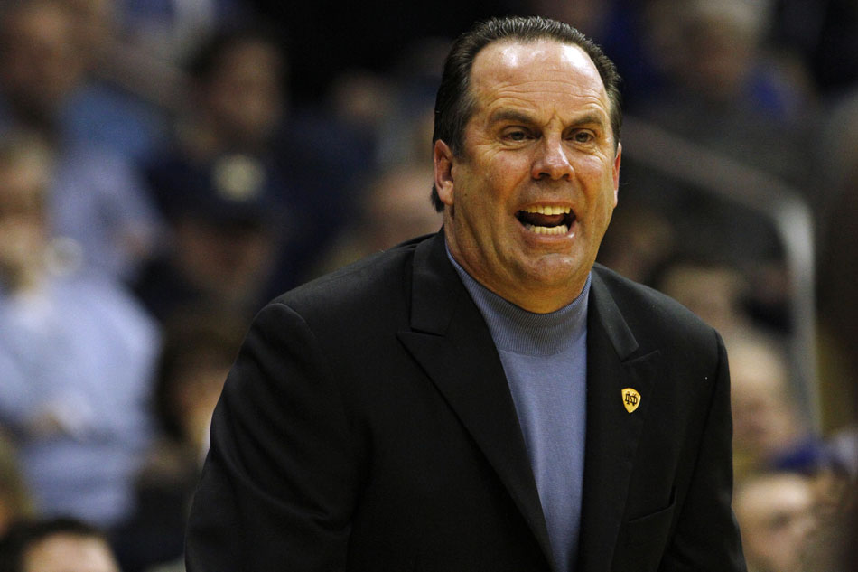Notre Dame head coach Mike Brey yells instructions to his players during a college basketball game on Wednesday, Feb. 22, 2012, at the Purcell Pavilion in South Bend. (James Brosher/South Bend Tribune)