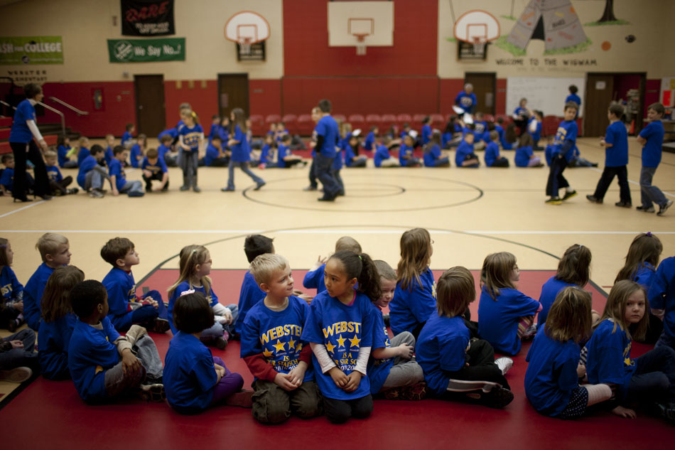 Students file into the gymnasium before a school assembly celebrating Webster Elementary receiving a four-star school award from the state on Friday, Feb. 24, 2012, in Plymouth. It's the second straight year the school has received the distinction. (James Brosher/South Bend Tribune)
