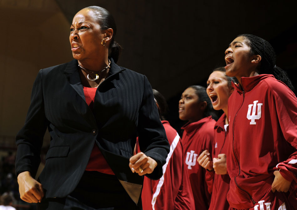Indiana coach Felisha Legette-Jack reacts after a score in the second half of a game against Iowa on Thursday, Feb. 11, 2010, at Assembly Hall. IU lost 71-67. (James Brosher/Bloomington Herald-Times)