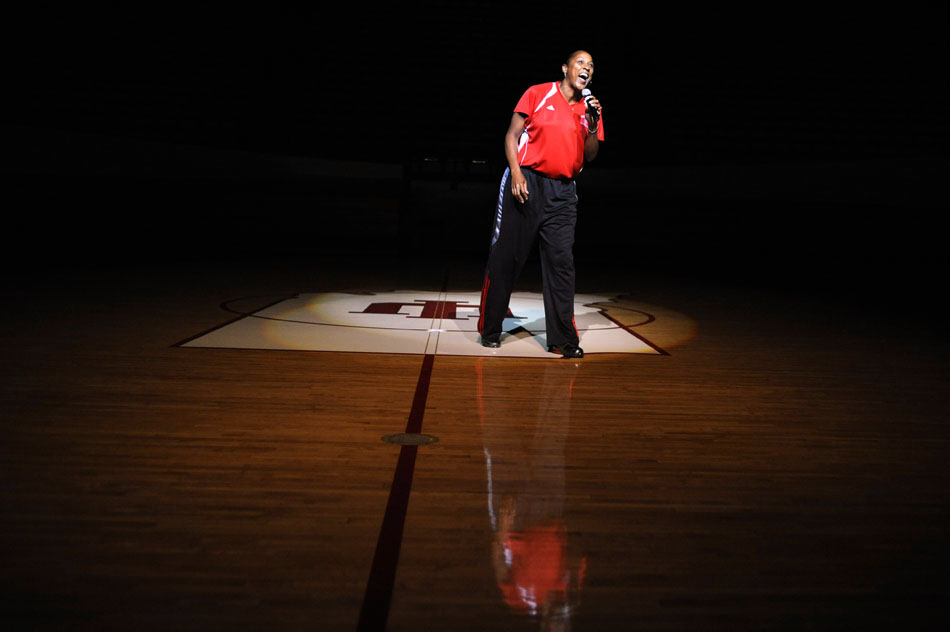 Indiana women's basketball coach Felisha Legette-Jack addresses the audience during Traditions and Spirit of IU on Friday, Aug. 28, 2009, at Assembly Hall. (James Brosher/Indiana Daily Student)