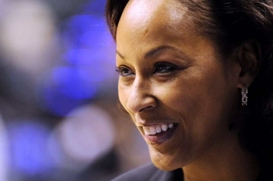 Indiana coach Felisha Legette-Jack smiles during an interview with the Big Ten Network before a game against Purdue in the second round of the Big Ten Tournament on Friday at Conseco Fieldhouse in Indianapolis. (James Brosher/Indiana Daily Student)