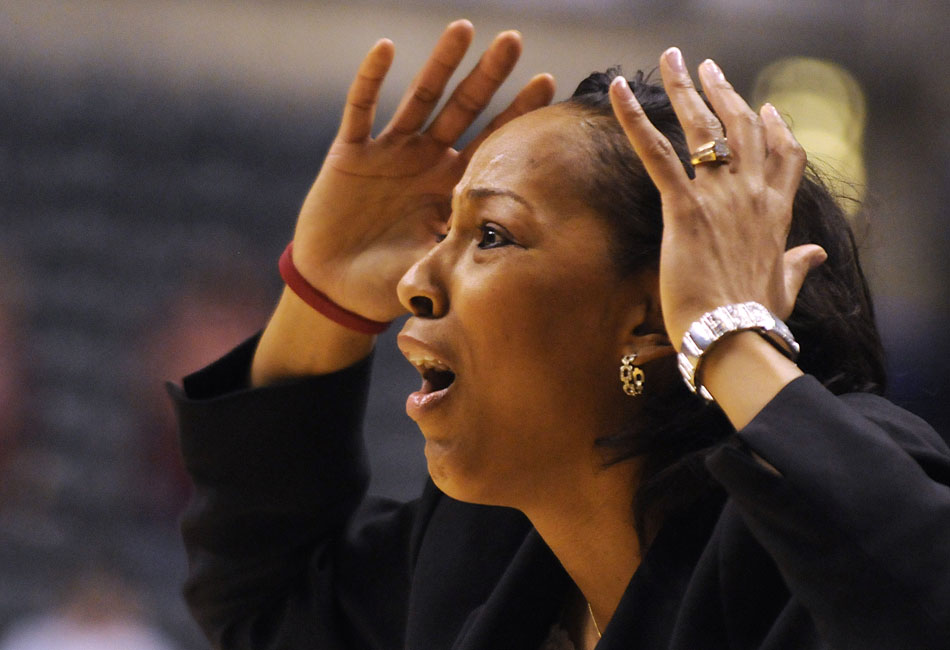 Indiana coach Felisha Legette-Jack reacts to an official's call during the closing minutes of IU's 68-64 loss to Purdue in the second round of the Big Ten Tournament on Friday at Conseco Fieldhouse in Indianapolis. (James Brosher/Indiana Daily Student)
