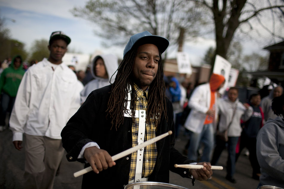 A member of the Pathfinders Drum Corps performs as the corps leads a hoodie march for slain teenager Trayvon Martin on Thursday, March 29, 2012, at the Civil Rights Heritage Center in South Bend. Martin was wearing a hoodie when he was shot and killed by a community watch volunteer in Sanford, Fla. last month. (James Brosher/South Bend Tribune)