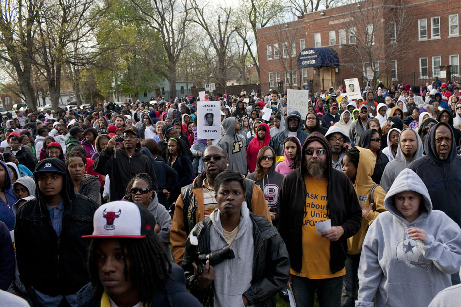 Participants listen to a rally before a hoodie march on Thursday, March 29, 2012, in South Bend. The march was part of the One Million Hoodie March nationwide marking the death of Travyon Martin, a teenager who was shot and killed while wearing a hoodie by a community watch volunteer in Sanford, Fla. last month. (James Brosher/South Bend Tribune)