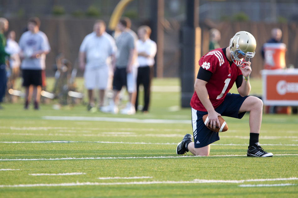 Notre Dame quarterback Gunner Kiel takes part in a throwing drill during a spring football practice on Wednesday, March 21, 2012, at the LaBar practice fields. (James Brosher/South Bend Tribune)