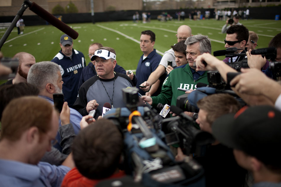 Notre Dame coach Brian Kelly talks to the media after a spring football practice on Saturday, March 24, 2012, at the LaBar practice fields. (James Brosher/South Bend Tribune)