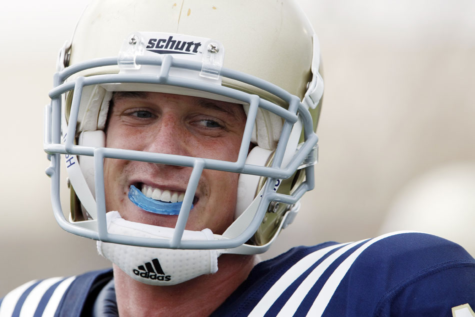 Notre Dame wide receiver John Goodman smiles after teammate Theo Riddick broke off a long run during a spring football practice on Saturday, March 24, 2012, at the LaBar practice fields. (James Brosher/South Bend Tribune)