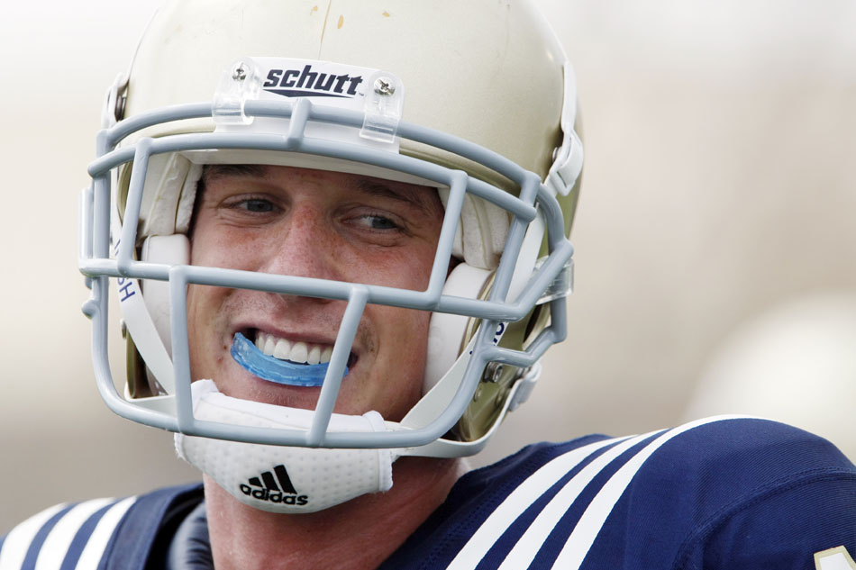 Notre Dame wide receiver John Goodman smiles after teammate Theo Riddick broke off a long run during a spring football practice on Saturday, March 24, 2012, at the LaBar practice fields. (James Brosher/South Bend Tribune)