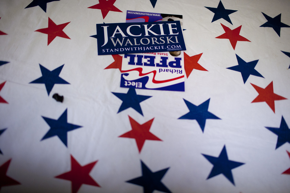 Campaign materials for Jackie Walorski, seeking Indiana's 2nd congressional district seat, and Richard Pfeil, a candidate for state representative, adorns a table during a Dyngus Day event on Monday, April 9, 2012, at the St. Joseph County Republican headquarters in South Bend.