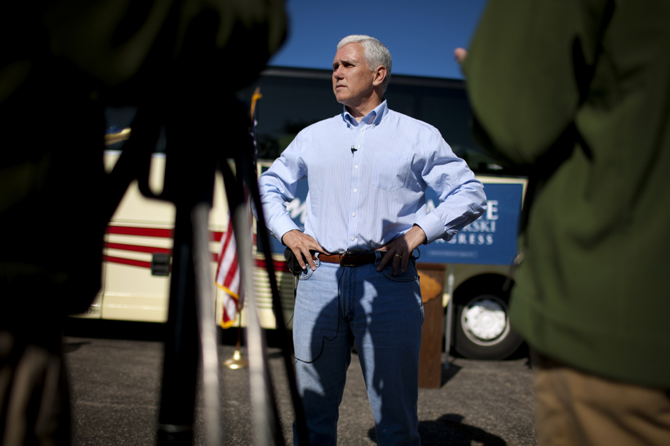 U.S. Rep. Mike Pence, R-Ind., speaks to the media before a Dyngus Day rally on Monday, April 9, 2012, outside of the St. Joseph County Republican headquarters in South Bend. Pence is running for Governor of Indiana.