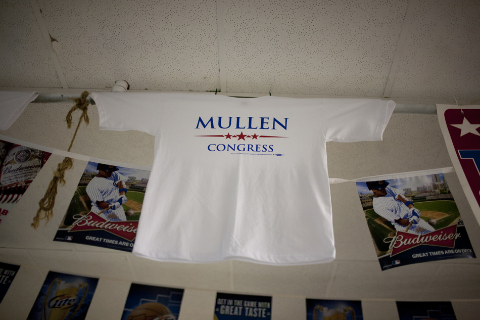 A campaign shirt for Brendan Mullen, a Democrat who is seeking Indiana's 2nd congressional district seat, hangs from the ceiling during Dyngus Day on Monday, April 9, 2012, at the West Side Democratic Club in South Bend.