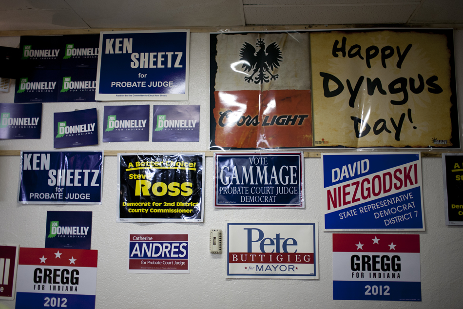 Campaign signs adorn a wall during Dyngus Day on Monday, April 9, 2012, at the West Side Democratic Club in South Bend.