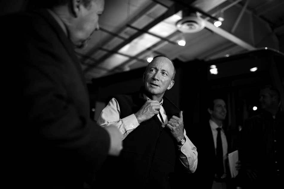 Indiana Gov. Mitch Daniels works the crowd after meeting with RV industry leaders and speaking to the media on Friday, April 27, 2012, at the RV/Motor Home Hall of Fame in Elkhart. (James Brosher/South Bend Tribune)
