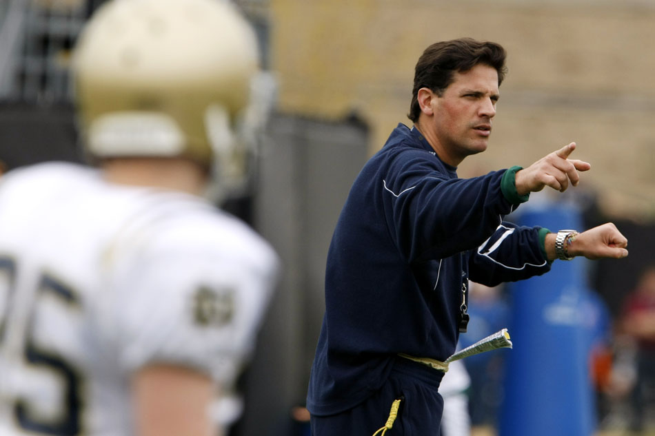 Notre Dame defensive coordinator Bob Diaco directs the defense during a football practice on Saturday, April 14, 2012, at Notre Dame. (James Brosher/South Bend Tribune)