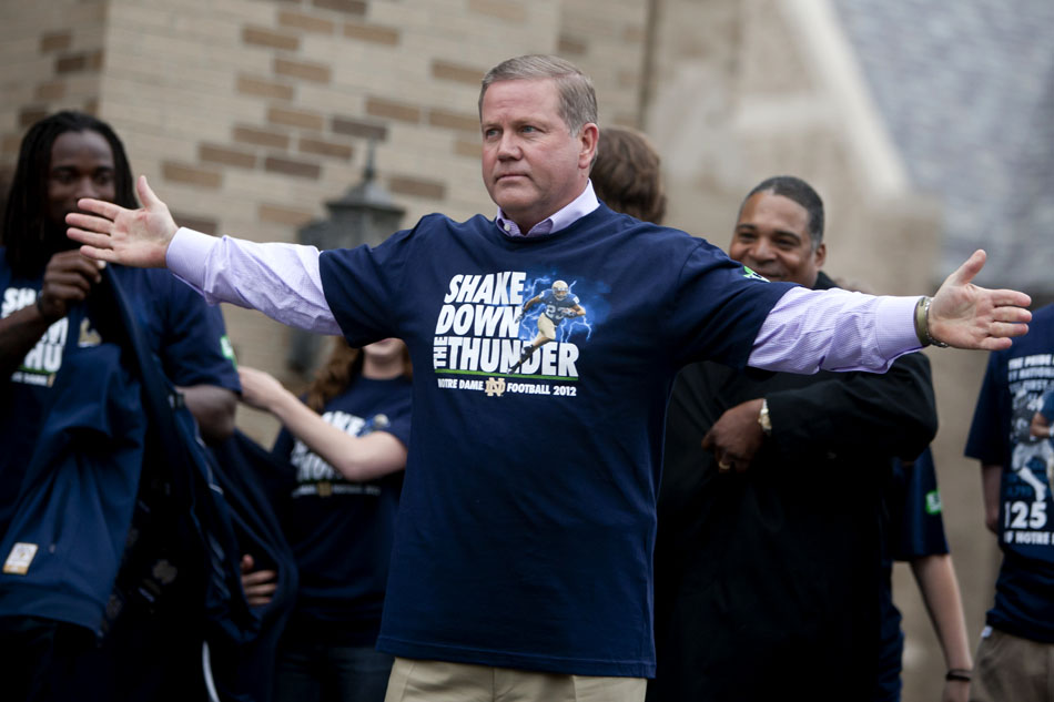 Notre Dame coach Brian Kelly unveils The Shirt 2012 on Friday, April 20, 2012, at the Hammes Bookstore at Notre Dame. (James Brosher/South Bend Tribune)