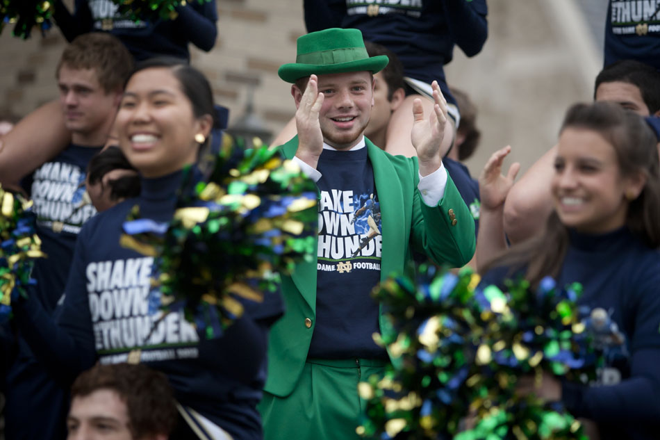 The Notre Dame Leprechaun performs during an unveiling ceremony for The Shirt 2012 on Friday, April 20, 2012, at the Hammes Bookstore at Notre Dame. (James Brosher/South Bend Tribune)