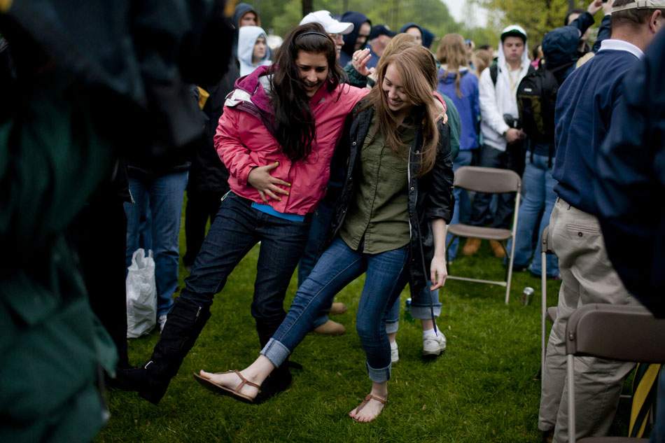 Fans dance in the crowd as the band plays during an unveiling ceremony for The Shirt 2012 on Friday, April 20, 2012, at the Hammes Bookstore at Notre Dame. (James Brosher/South Bend Tribune)