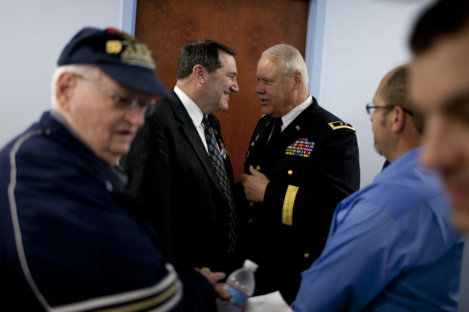 U.S. Rep. Joe Donnelly, D-Granger, left, speaks with R. Martin Umbarger, Adjutant General of the Indiana Army and Air National Guard, after a ceremony opening the VA Community Based Outpatient Clinic on Monday, April 30, 2012, in South Bend. (James Brosher/South Bend Tribune)