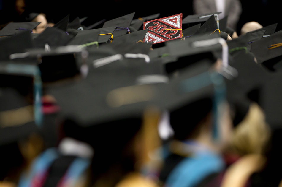 A decorated mortarboard is seen during Indiana University-South Bend commencement exercises on Tuesday, May 8, 2012, in the Purcell Pavilion at Notre Dame. (James Brosher/South Bend Tribune)