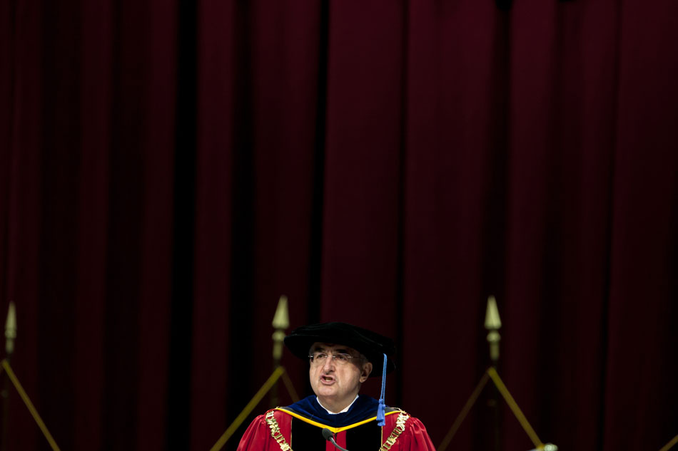 IU president Michael McRobbie speaks during Indiana University-South Bend commencement exercises on Tuesday, May 8, 2012, in the Purcell Pavilion at Notre Dame. (James Brosher/South Bend Tribune)