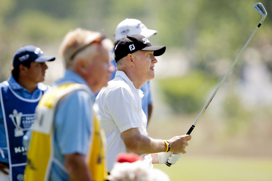 Roger Chapman watches his second shot sail towards the 16th green during the opening round of the Senior PGA Championship on Thursday, May 24, 2012, at Harbor Shores in Benton Harbor, Mich. Chapman shot a three-under-par 68. (James Brosher/South Bend Tribune)