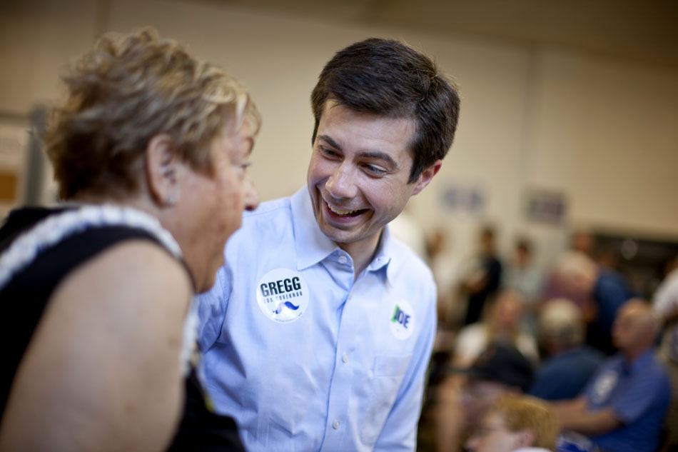 South Bend mayor Pete Buttigieg talks with a supporter during a "Workhorse Tour" stop on Saturday, May 19, 2012, at UAW Local 9 in South Bend. (James Brosher/South Bend Tribune)