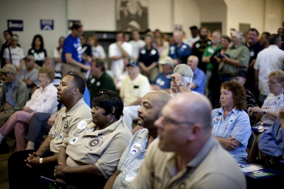 Members of the audience listen to politicians during a "Workhorse Tour" stop on Saturday, May 19, 2012, at UAW Local 9 in South Bend. (James Brosher/South Bend Tribune)