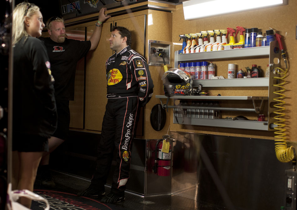NASCAR driver Tony Stewart leans against a tool box inside his team hauler after arriving for a sprint car race on Saturday, June 16, 2012, at Plymouth Speedway. (James Brosher/South Bend Tribune)