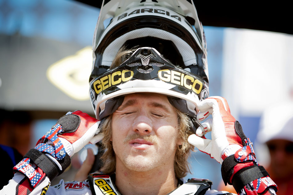 Justin Barcia puts on his helmet before the start of the 250 motocross race at the Red Bull Redbud National on Saturday, July 7, 2012, in Buchanan, Mich. (James Brosher/South Bend Tribune)