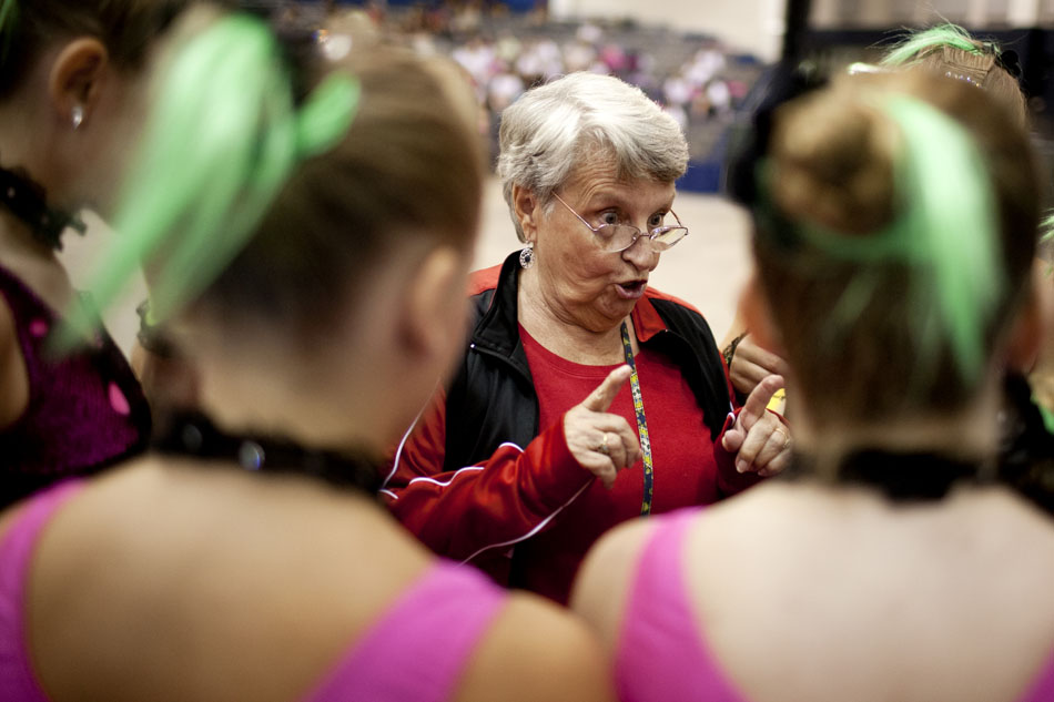 Glenna Krebs gives one last bit of advice to her twirling team, Applause, before their performance in the America's Youth on Parade competition on Monday, July 16, 2012, at Notre Dame. The team is from Bel Air, Md. (James Brosher/South Bend Tribune)