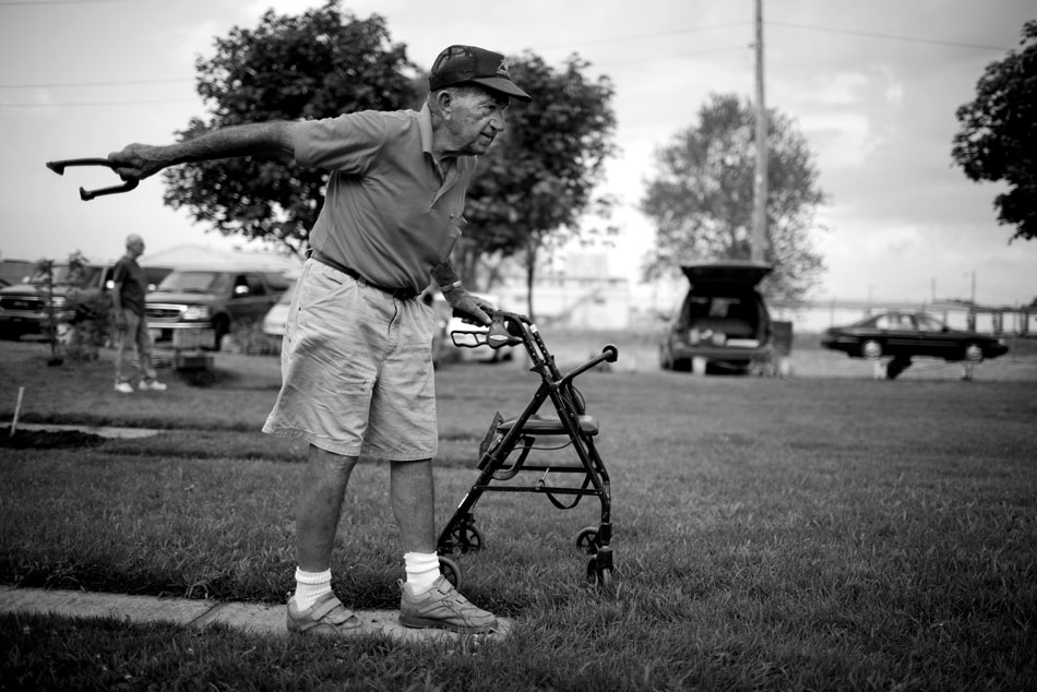 Chuck VanCamp, founder of the Mishawaka Horseshoe Pitching Club, lets one fly on Wednesday, July 18, 2012, at Bendix Park in Mishawaka. (James Brosher/South Bend Tribune)