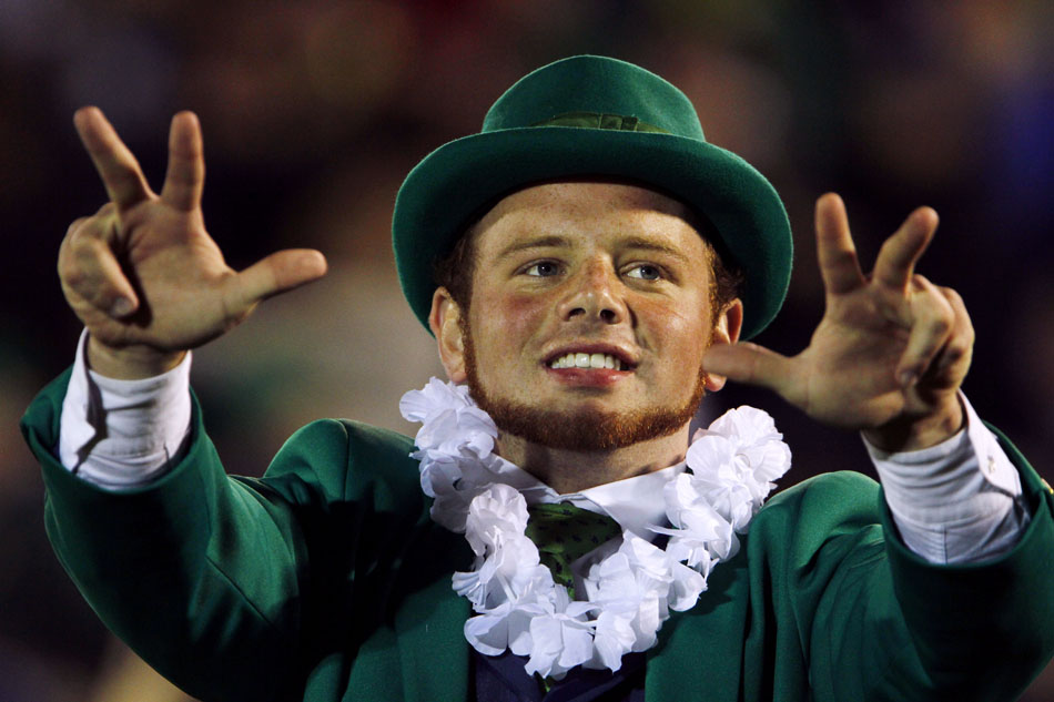 The Notre Dame Leprechaun performs during a NCAA college football game on Saturday, Sept. 22, 2012, at Notre Dame. (James Brosher/South Bend Tribune)