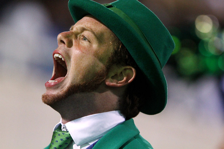 The Notre Dame Leprechaun pumps up the crowd during a NCAA college football game on Saturday, Sept. 15, 2012, in East Lansing, Mich. (James Brosher/South Bend Tribune)