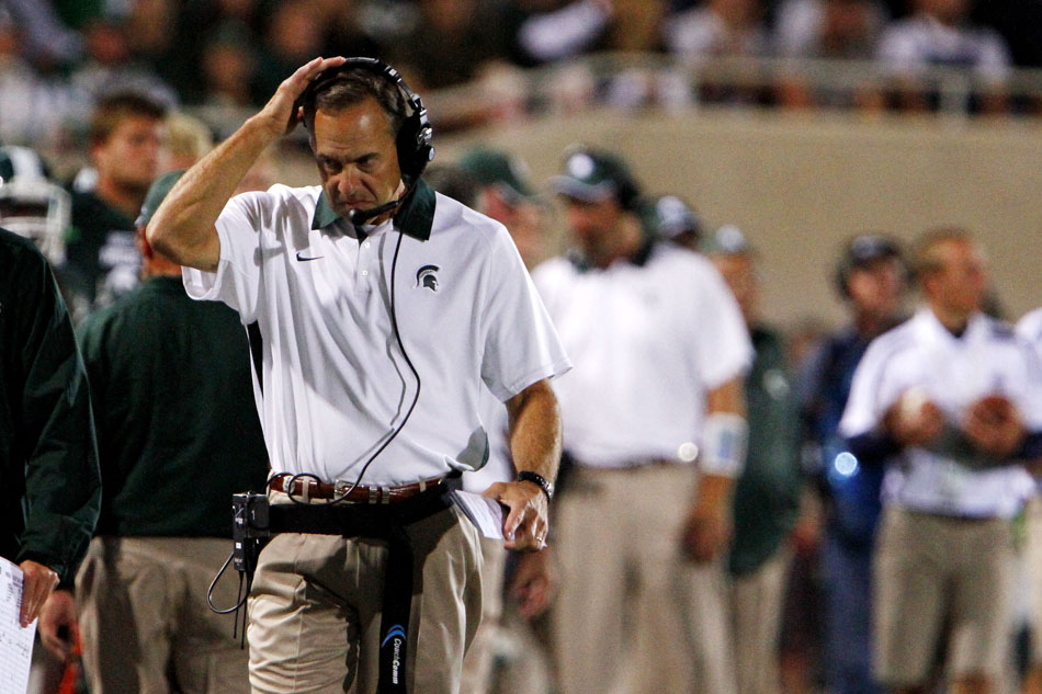 Michigan State head coach Mark Dantonio walks the sidelines late in a 20-3 loss to Notre Dame on Saturday, Sept. 15, 2012, in East Lansing, Mich. (James Brosher/South Bend Tribune)