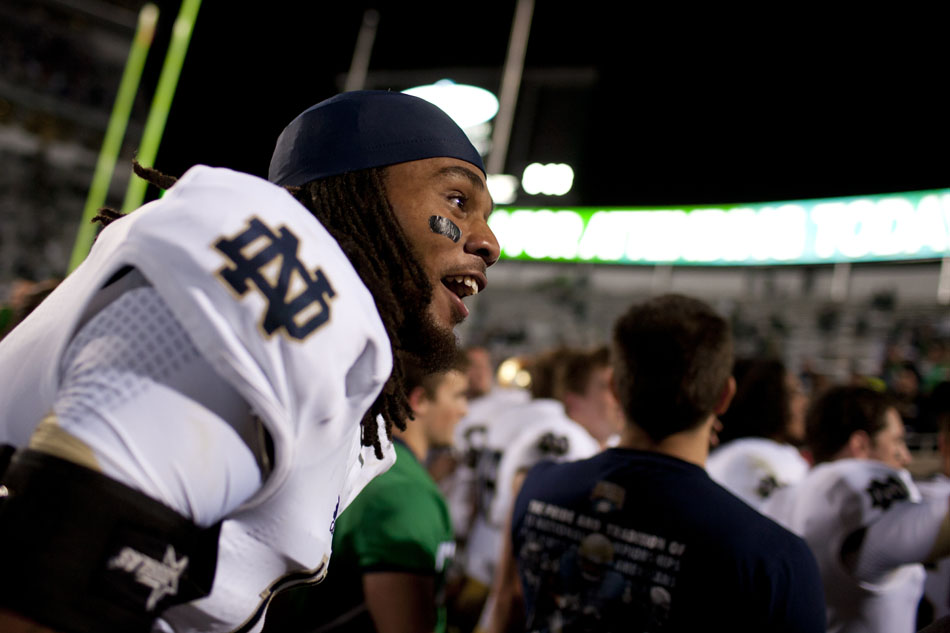Notre Dame linebacker Ishaq Williams celebrates a 20-3 win against Michigan State on Saturday, Sept. 15, 2012, in East Lansing, Mich. (James Brosher/South Bend Tribune)