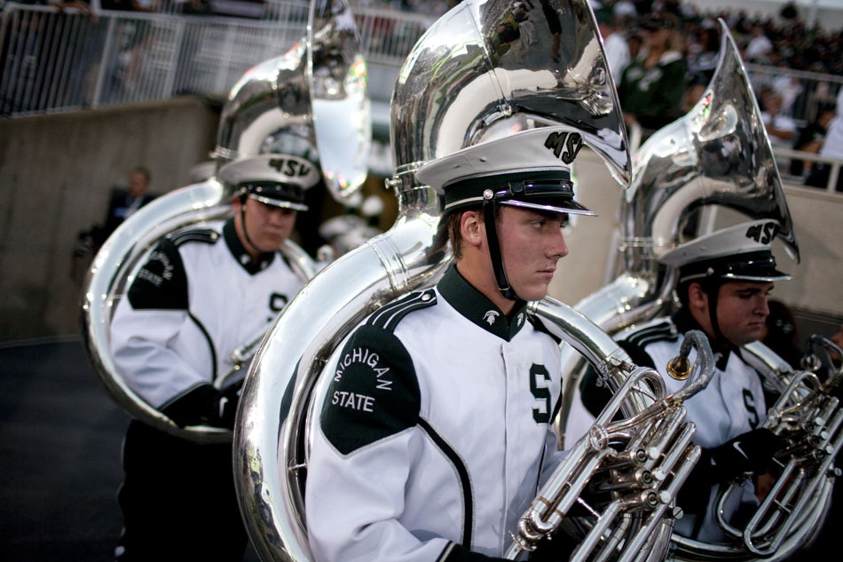 Michigan State band members take the field before a NCAA college football game on Saturday, Sept. 15, 2012, in East Lansing, Mich. (James Brosher/South Bend Tribune)