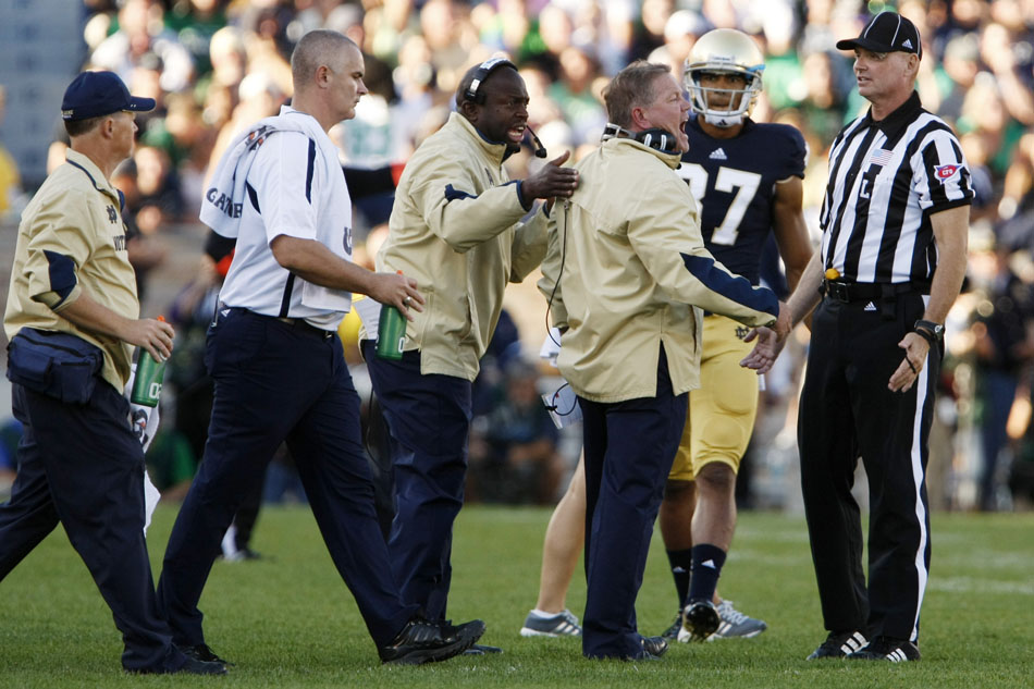 Notre Dame head coach Brian Kelly yells at officials during a NCAA college football game on Saturday, Sept. 8, 2012, at Notre Dame. (James Brosher/South Bend Tribune)