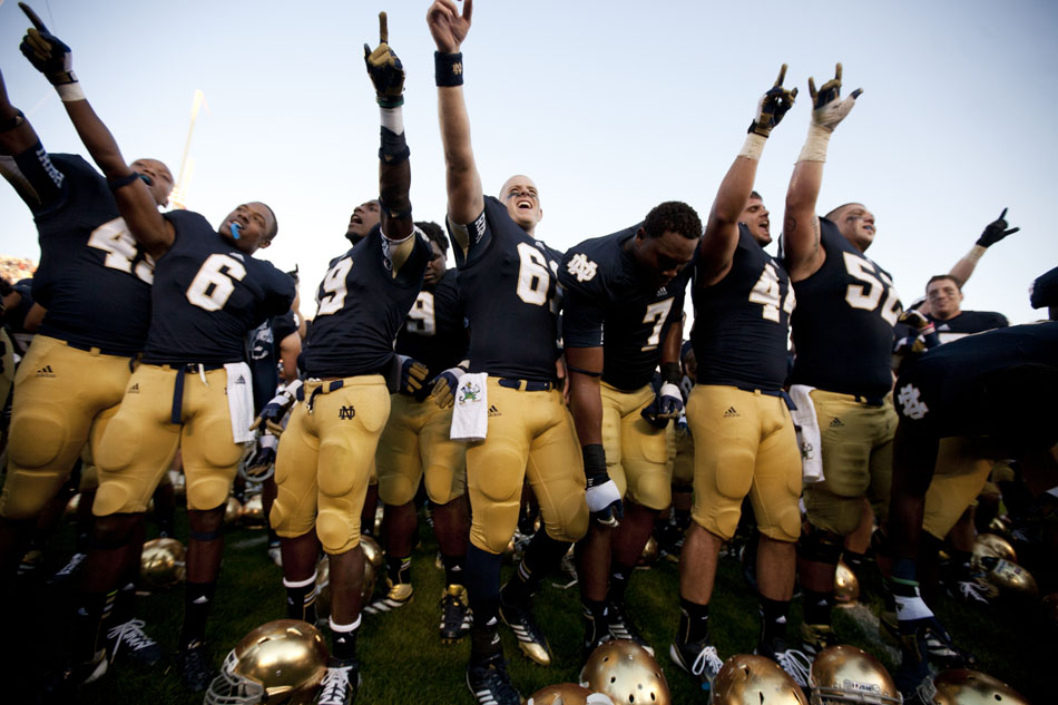 Notre Dame players sing the alma mater after a 20-17 win against Purdue on Saturday, Sept. 8, 2012, at Notre Dame. (James Brosher/South Bend Tribune)