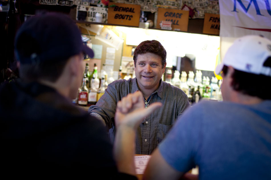 Actor Sean Astin talks with a couple bar patrons during an appearance at Corby's on Friday, Sept. 21, 2012, in South Bend. Astin, who played Rudy in a movie of the same name, was in town to campaign for Brendan Mullen, the democrat nominee for Indiana's 2nd congressional district. (James Brosher/South Bend Tribune)